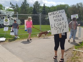 Members of the No Business in the Park group went to Wascana Park to protest the trees being cut down for the construction of the new Conexus Credit Union on June 6, 2018.