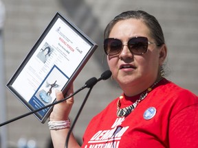 Darlene Okemaysim-Sicotte speaks at event unveiling of a missing and murdered indigenous women monument at the entrance to the Saskatoon Police headquarters a  in Saskatoon, SK on Friday, May 5, 2017.