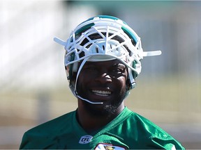 Charleston Hughes, shown in this file photo, had two sacks for the Saskatchewan Roughriders against his former team, the Calgary Stampeders, on Saturday.