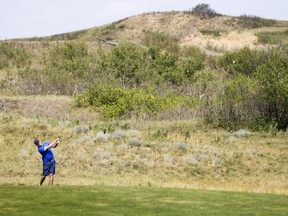 David Stewart hits a shot during the SaskAm golf championship at Dakota Dunes Golf Links on Thursday, July 19, 2018.