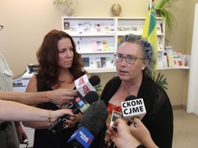 Candace Middleton, right, and Saskatchewan NDP Health Critic Danielle Chartier speak with reporters about overcrowding at the Dubé Centre in Saskatoon.