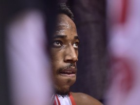 In this May 3 file photo, Toronto Raptors guard DeMar DeRozan reacts at the end of a playoff loss to the Cleveland Cavaliers.