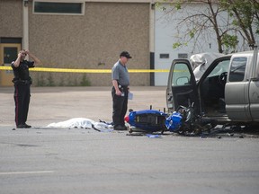 Police and other emergency responders were present at the scene of a motor vehicle collision involving a truck and a motorcycle on Park Street.