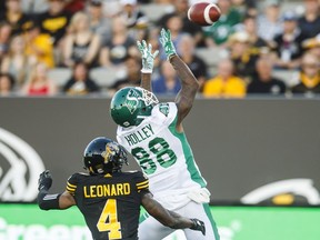 Saskatchewan Roughriders' Caleb Holley makes a 37-yard reception during Thursday's game against the Hamilton Tiger-Cats.