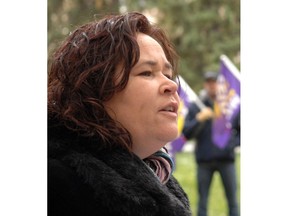 REGINA, SK.: OCTOBER 14, 2009 -- Barbara Cape president of SEIUWEST (Service Employees International Union) speaks at a health care rally in Victoria Park.  SEIUWEST members, Canadian Union of Public Employees (CUPE) and Saskatchewan Government and General Employees Union (SGEU) then marched down Victoria Avenue on an information picket to the Saskatchewan Association of Health Organizations (SAHO) offices in Regina on Oct 14, 2009.  (Don Healy / Leader-Post)   (Stand Alone Pix)