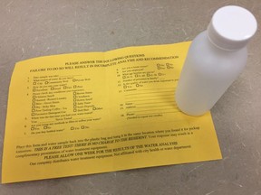A water testing kit distributed to households in Saskatoon by a private company on July 30, 2018. The provincial Water Security Agency is warning homeowners to be cautious if they are encouraged to buy water purification kits, noting the instructions for taking a water sample are incorrect, and the bottle provided does not appear to be sterilized.