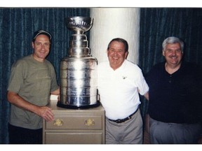 Jim Pedersen, centre, poses with Dallas Stars general manager Bob Gainey, left, and head coach Ken Hitchcock after the team's Stanley Cup victory in 1999. Photo courtesy Rod Pedersen.