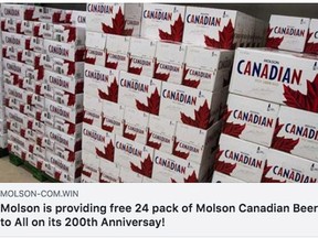 Screenshot of a scam on Facebook advertising free Molson Canadian.