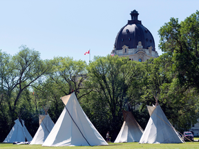 Teepees at the Justice for Our Stolen Children camp near the Saskatchewan Legislative Building in Regina on June 27.