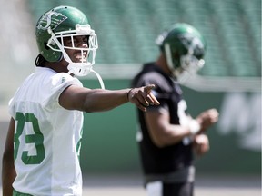 The Saskatchewan Roughriders' Duron Carter, left, enjoys making his points on Twitter.