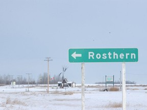 The highway sign along Highway 11 points out the town of Rosthern.