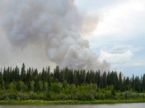 A wildfire was burning just north of Prince Albert on July 20, 2018, seen from the Prince Albert side of the river