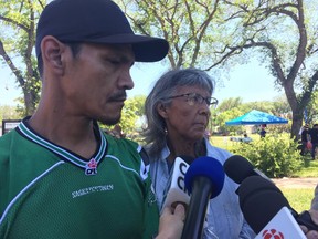 Troy Keepness, father of Tamra Keepness, and Ellen Keewatin, grandmother of Tamra Keepness, speak to media at a barbecue in Core Community Park held to mark the anniversary of Tamra's disappearance. Tamra has been missing for 14 years.