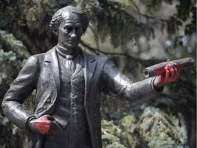 The statue of Sir John A. Macdonald in Victoria Park in Regina, shown after it was recently vandalized with red paint. (The paint has since been removed).