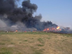 A grass fire near Moosomin on Wednesday, Aug. 15, 2018, destroyed outbuildings and farm equipment. Photo courtesy RCMP.