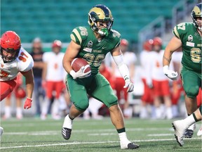 Atlee Simon of the University of Regina Rams had a 75-yard touchdown run against the University of Calgary Dinos on Friday at Mosaic Stadium.