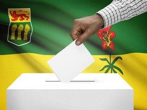 Voting concept - Ballot box with Canadian province flag on background - Saskatchewan