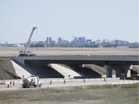 Crews work on Phase 2 of the Regina bypass, at the interchange of the Trans-Canada Highway and Pinkie Road just west of Regina, on May 28, 2018.