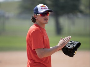 Mark McMorris in action at the McMorris Foundation Celebrity Slow-Pitch Tournament in Regina on Friday.