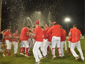 The Medicine Hat Mavericks celebrate a Western Major Baseball League championship after defeating the Regina Red Sox 8-2 on Thursday.