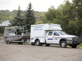 RCMP assist in the search for missing 7-year-old Greagan Geldenhuys in and around Fort Qu'Appelle on Monday. The Underwater Recovery Team was searching B-Say-Tah Point.