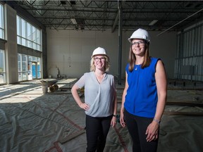 Pathways Learning Centre founders Cari Thiele, right, and Maegan Mason stand in the preschool space, which is currently under construction on Parliament Avenue in Harbour Landing.
