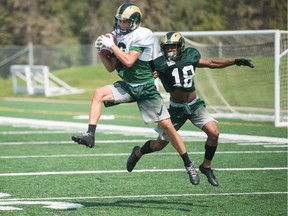 Rookie receiver Matt Rivers makes a catch at the University of Regina Rams' training camp.