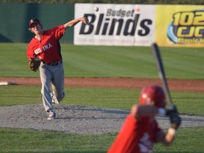 Regina Red Sox pitcher Dylan Bells delivers to David Salgueiro of the Medicine Hat Mavericks during the first inning of Game 2 of the Western Major Baseball League's championship series. Medicine Hat won 6-4 to assume a 2-0 lead in the best-of-five series.