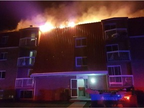 A photo of a fire at a Regina apartment building at 104 Hanbidge Cres. on Saturday night.