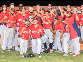 The Regina Red Sox celebrate a playoff-series victory over the host Weyburn Beavers on Friday.