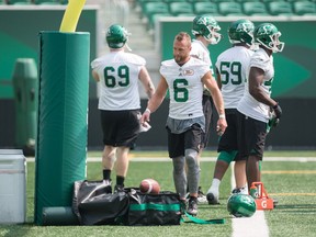 Saskatchewan Roughriders receiver Rob Bagg (6), shown with his helmet off, participates in a practice at Mosaic Stadium.