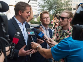 Conservative Party of Canada leader Andrew Scheer speaks to reporters in Regina Thursday.