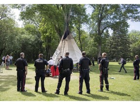 Members of Wascana Centre Authority and the Regina Police Service were in Wascana Centre on June 18, 2018 to take down the teepee at the Justice For Our Stolen Children camp in Regina.