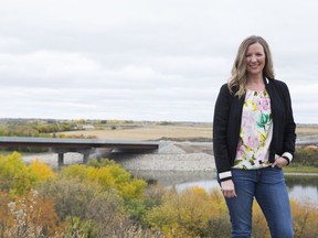 Laura Monchuk, the president of the Evergreen Community Association, estimates she will be able to leave her house an hour later the next time she has to travel to SaskTel Centre, after the new Chief Mistawasis Bridge opens. Photo taken Sept. 14, 2018.