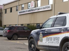 A police cruiser sits outside the FSIN offices in Saskatoon on Monday, Sept. 24, 2018.