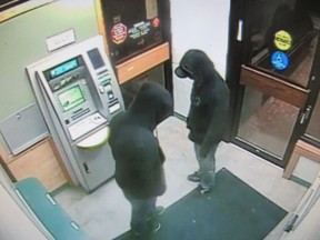 Surveillance footage of suspects who attempted to steal an ATM from a financial institution in Lumsden on Sept. 9.