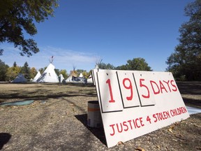 Justice for Our Stolen Children protest camp on Monday. On Friday last week a court order declared the camp unlawful, and that the protesters must vacate Wascana Park in Regina