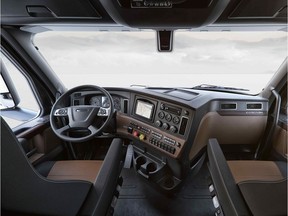 The interior of the new Freightliner Cascadia has driver assists that are found on smaller vehicles.