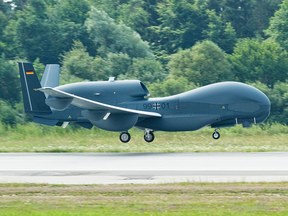 A Euro Hawk drone lands at the air base in Manching, Germany, in July 2011.