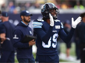 Toronto Argonauts wide receiver Duron Carter, seen on the sidelines during a Sept. 8 game against the Hamilton Tiger-Cats, was a spectator again for most of Saturday's matchup with the Saskatchewan Roughriders.