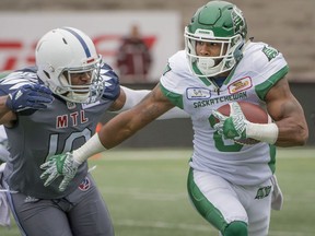 The Saskatchewan Roughriders' Marcus Thigpen dropped a second-down pass in the fourth quarter, but made amends with a key run during Sunday's 34-29 victory over the Montreal Alouettes.