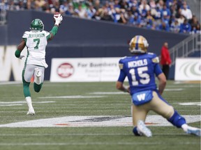 Winnipeg Blue Bombers quarterback Matt Nichols can only watch as the Saskatchewan Roughriders' Willie Jefferson returns an interception for a touchdown on Saturday.