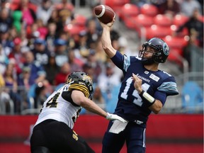 Toronto Argonauts quarterback McLeod Bethel-Thompson, right, is about to be introduced to Chris Jones and the Saskatchewan Roughriders' defence.