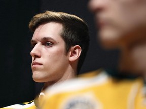 Xavier Labelle of the Humboldt Broncos hockey team attends a news conference in Las Vegas on June 19, 2018. One of the Humboldt Broncos hockey players injured in a bus crash that killed 16 people has joined his hometown Western Hockey League team as an assistant to the coaches. The Saskatoon Blades say in a news release that Xavier Labelle, who is 18, has joined the major junior team as a hockey operations assistant.