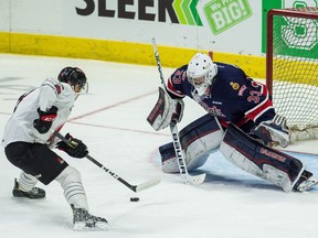 Regina Pats goalie Max Paddock, shown in WHL pre-season action on Saturday, is about to leave for San Jose Sharks camp.