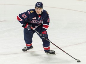 Regina Pats defenceman Nikita Sedov carries the puck during WHL exhibition play against the against Moose Jaw Warriors on Saturday.