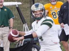 Noah Picton of the University of Regina Rams throws the ball against the University of Alberta Golden Bears on Friday in Edmonton.