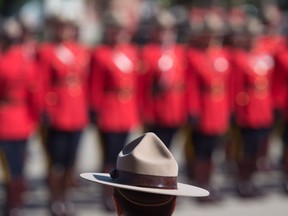 RCMP members assemble on the parade square at Depot Division in Regina.