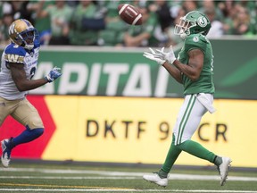 The Saskatchewan Roughriders' Marcus Thigpen catches a 25-yard touchdown pass from Zach Collaros during Sunday's 31-23 victory over the visiting Winnipeg Blue Bombers.