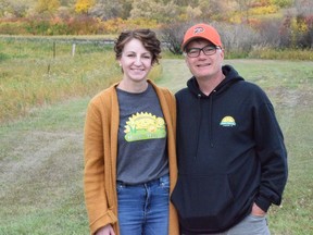 Tiffany and Linely Schaefer pose for a photo at their business, Happy Hollow Corn Maze in Lumsden, Saskatchewan.